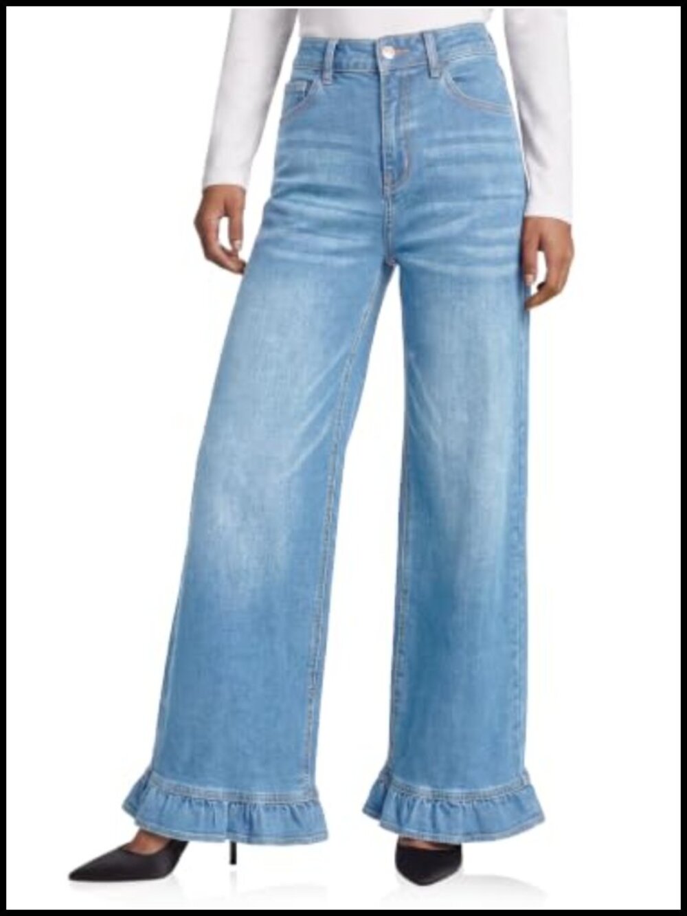 Cicy Bell Womens Ruffle Wide Leg High Waisted Stretch Denim Jeans